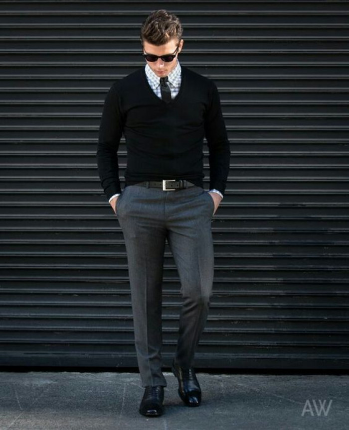 Stylish Outfit Ideas: Grey Shirt with Black Pants for Men-mncb.edu.vn