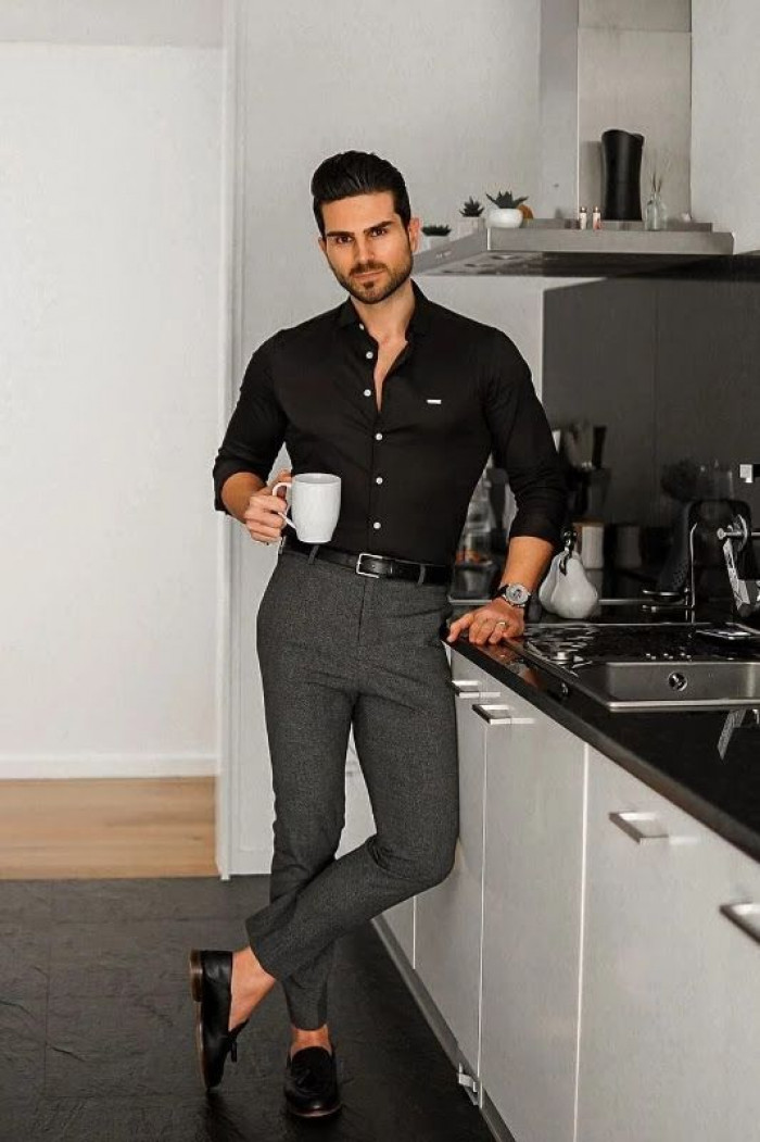 classic black shirt and grey pants