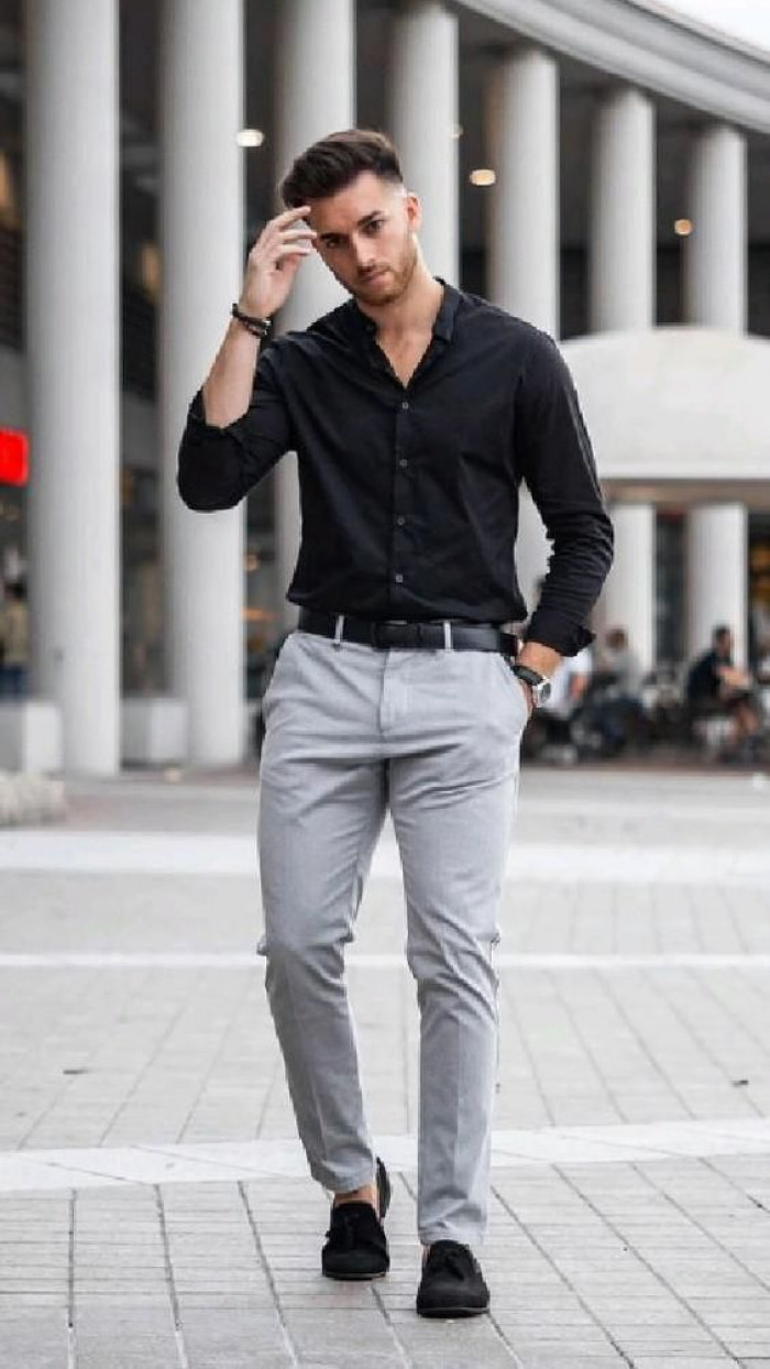 Formal Black Shirt Grey Pants Men
