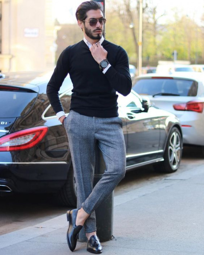 Formal Black Shirt Grey Pants Men with Classic watch